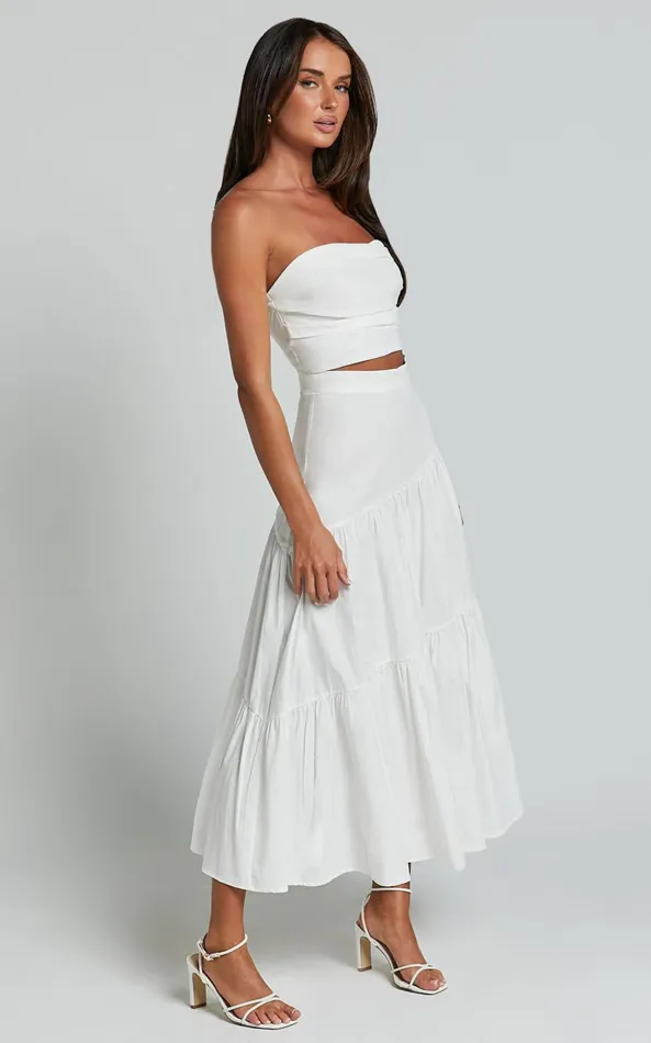 Showpo Schiffer Two Piece Set 8211 Strapless Top And Tiered Midi Skirt In White Women Dresses