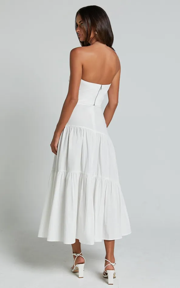 Showpo Schiffer Two Piece Set 8211 Strapless Top And Tiered Midi Skirt In White Women Dresses