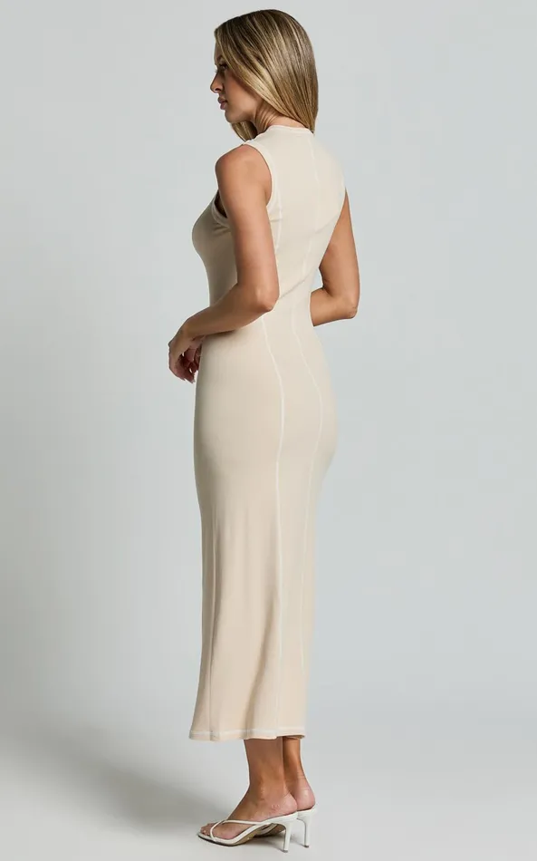 Showpo Selena Midi Dress 8211 High Neck Sleeveless Slip Dress In Natural Women Dresses