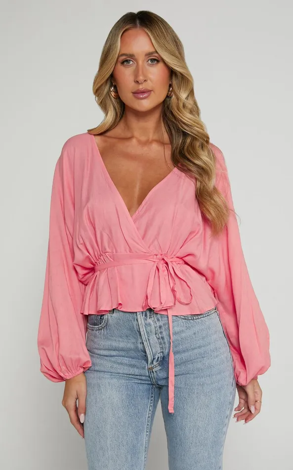 Showpo Selena Top 8211 Linen Look V Neck Wrap Long Blouson Sleeve In Peach Women Tops Showpo Selena Top 8211 Linen Look V Neck Wrap Long Blouson Sleeve In Peach Women Tops