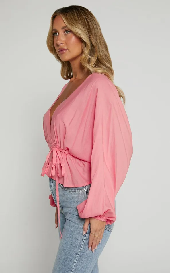 Showpo Selena Top 8211 Linen Look V Neck Wrap Long Blouson Sleeve In Peach Women Tops