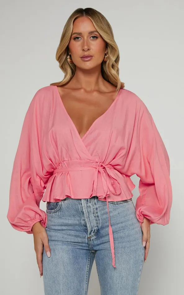 Showpo Selena Top 8211 Linen Look V Neck Wrap Long Blouson Sleeve In Peach Women Tops