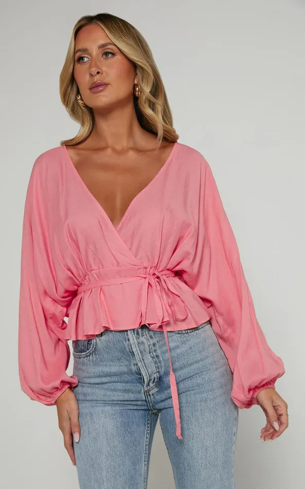 Showpo Selena Top 8211 Linen Look V Neck Wrap Long Blouson Sleeve In Peach Women Tops