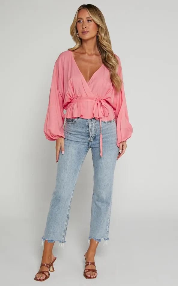 Showpo Selena Top 8211 Linen Look V Neck Wrap Long Blouson Sleeve In Peach Women Tops