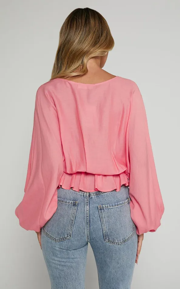 Showpo Selena Top 8211 Linen Look V Neck Wrap Long Blouson Sleeve In Peach Women Tops