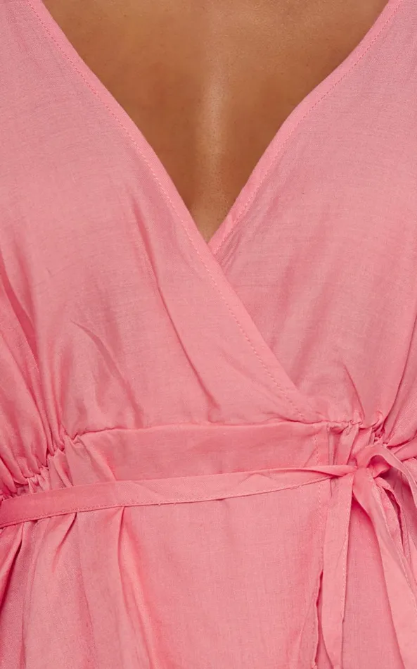 Showpo Selena Top 8211 Linen Look V Neck Wrap Long Blouson Sleeve In Peach Women Tops