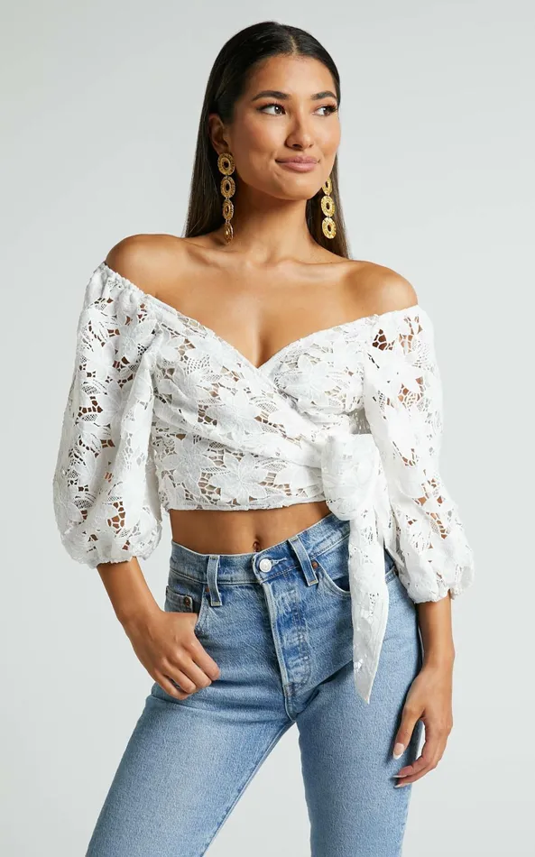 Showpo Serafina Top 8211 Short Puff Sleeve Wrap Tie Top In White Women Tops