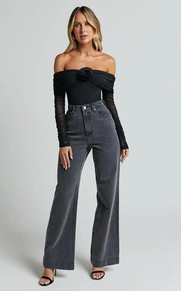 Showpo Seraphina Bodysuit 8211 Off Shoulder Long Sleeve Detachable Rosette Mesh Bodysuit In Black Women Tops