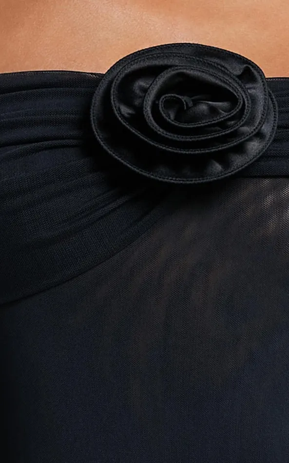 Showpo Seraphina Bodysuit 8211 Off Shoulder Long Sleeve Detachable Rosette Mesh Bodysuit In Black Women Tops