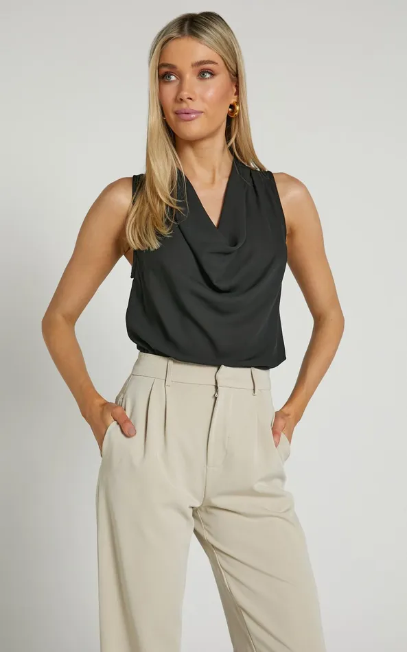 Showpo Serena Top 8211 Cowl Neck Sleeveless Top In Black Women Tops