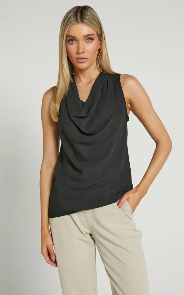 Showpo Serena Top 8211 Cowl Neck Sleeveless Top In Black Women Tops
