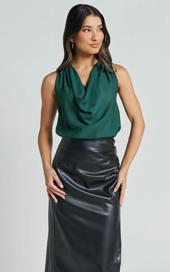 Showpo Serena Top 8211 Cowl Neck Sleeveless Top In Forest Green Women Curve Clothes