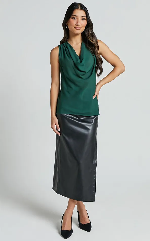 Showpo Serena Top 8211 Cowl Neck Sleeveless Top In Forest Green Women Curve Clothes