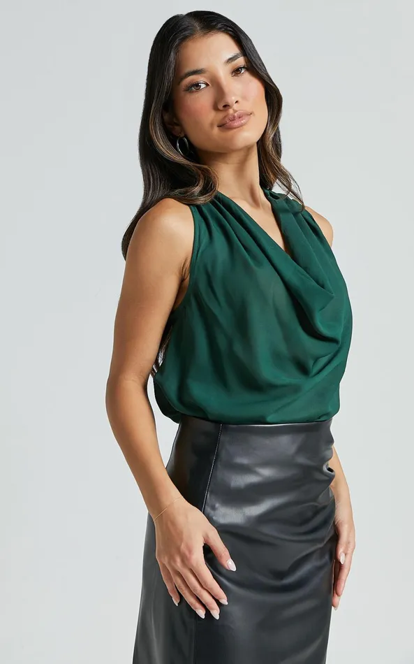 Showpo Serena Top 8211 Cowl Neck Sleeveless Top In Forest Green Women Curve Clothes