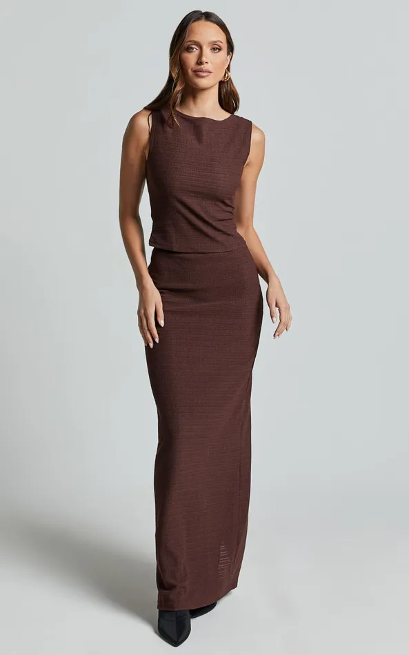 Showpo Serena Two Piece Set 8211 High Neck Top And Midi Skirt In Chocolate Women Two Piece Sets and Coords