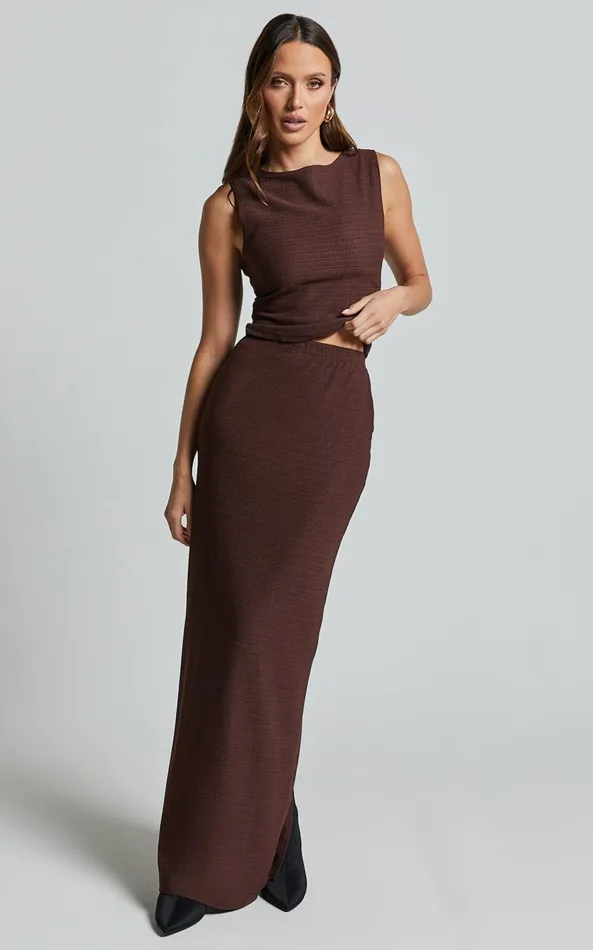 Showpo Serena Two Piece Set 8211 High Neck Top And Midi Skirt In Chocolate Women Two Piece Sets and Coords