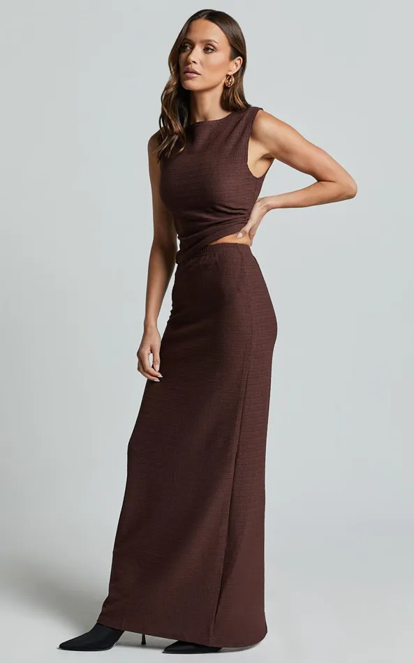 Showpo Serena Two Piece Set 8211 High Neck Top And Midi Skirt In Chocolate Women Two Piece Sets and Coords