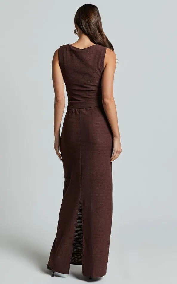 Showpo Serena Two Piece Set 8211 High Neck Top And Midi Skirt In Chocolate Women Two Piece Sets and Coords