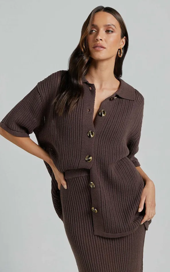 Showpo Severina Two Piece Set 8211 Button Through Top And Midi Knit Skirt Set In Chocolate Women Knitwear Showpo Severina Two Piece Set 8211 Button Through Top And Midi Knit Skirt Set In Chocolate Women Knitwear