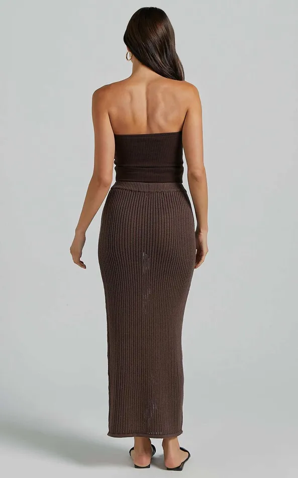 Showpo Severina Two Piece Set 8211 Button Through Top And Midi Knit Skirt Set In Chocolate Women Knitwear
