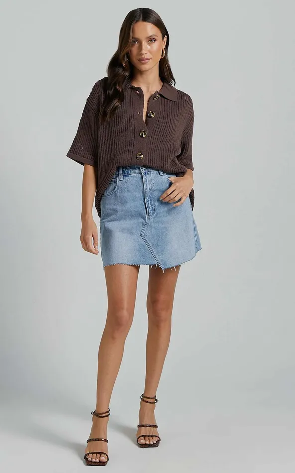 Showpo Severina Two Piece Set 8211 Button Through Top And Midi Knit Skirt Set In Chocolate Women Knitwear