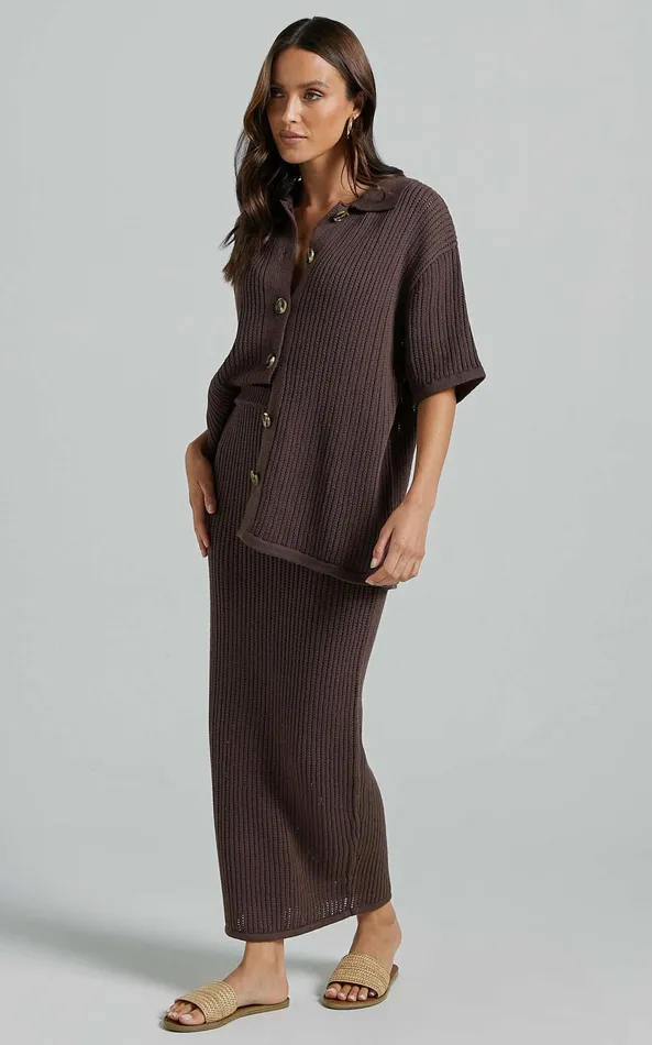 Showpo Severina Two Piece Set 8211 Button Through Top And Midi Knit Skirt Set In Chocolate Women Knitwear