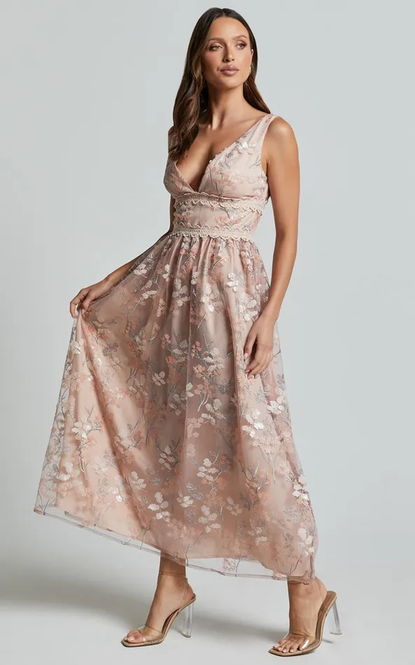Showpo Seychelles Midi Dress 8211 Plunge Embroidery 3d Floral Lace Dress In Light Pink Women Dresses