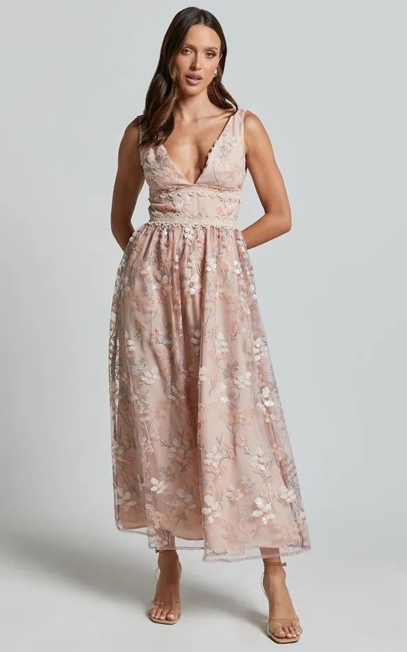 Showpo Seychelles Midi Dress 8211 Plunge Embroidery 3d Floral Lace Dress In Light Pink Women Dresses