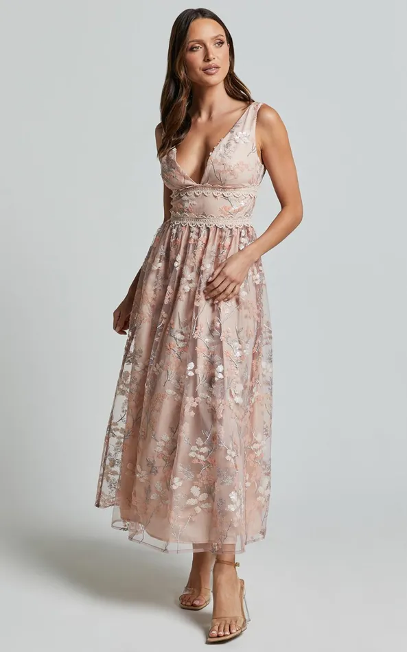 Showpo Seychelles Midi Dress 8211 Plunge Embroidery 3d Floral Lace Dress In Light Pink Women Dresses