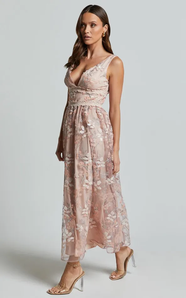 Showpo Seychelles Midi Dress 8211 Plunge Embroidery 3d Floral Lace Dress In Light Pink Women Dresses