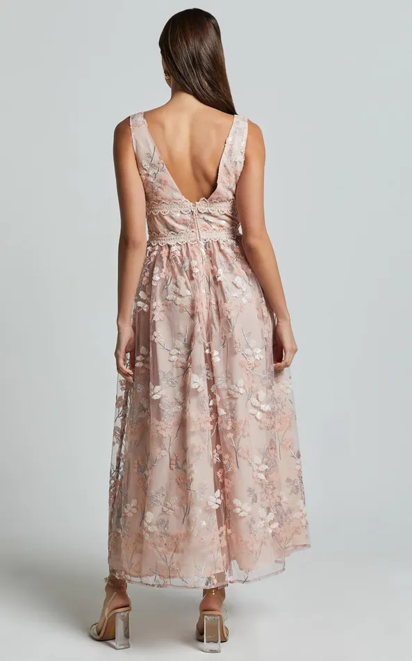 Showpo Seychelles Midi Dress 8211 Plunge Embroidery 3d Floral Lace Dress In Light Pink Women Dresses