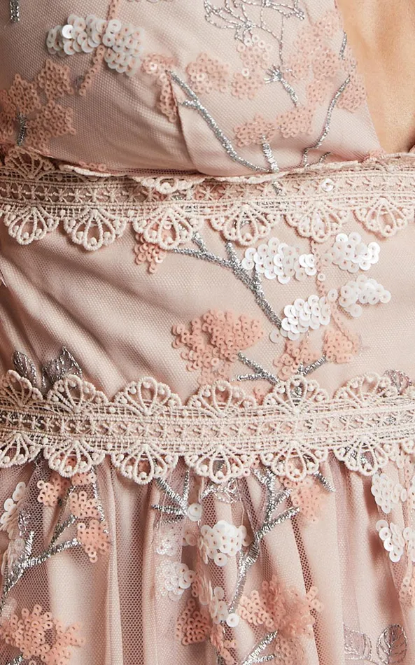 Showpo Seychelles Midi Dress 8211 Plunge Embroidery 3d Floral Lace Dress In Light Pink Women Dresses