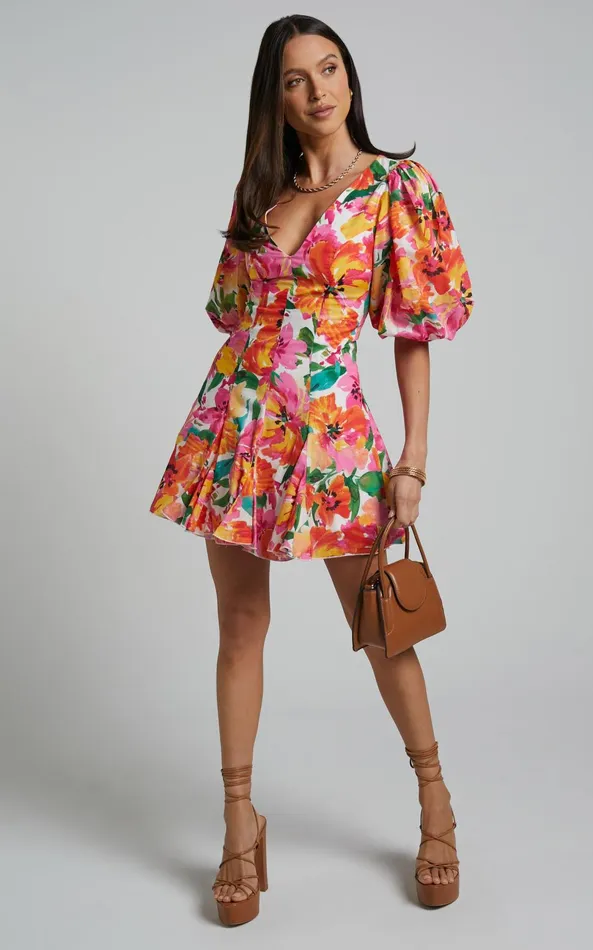 Showpo Shairah Mini Dress 8211 V Neck Puff Sleeve Flutter Hem Dress In In Bloom Women Dresses