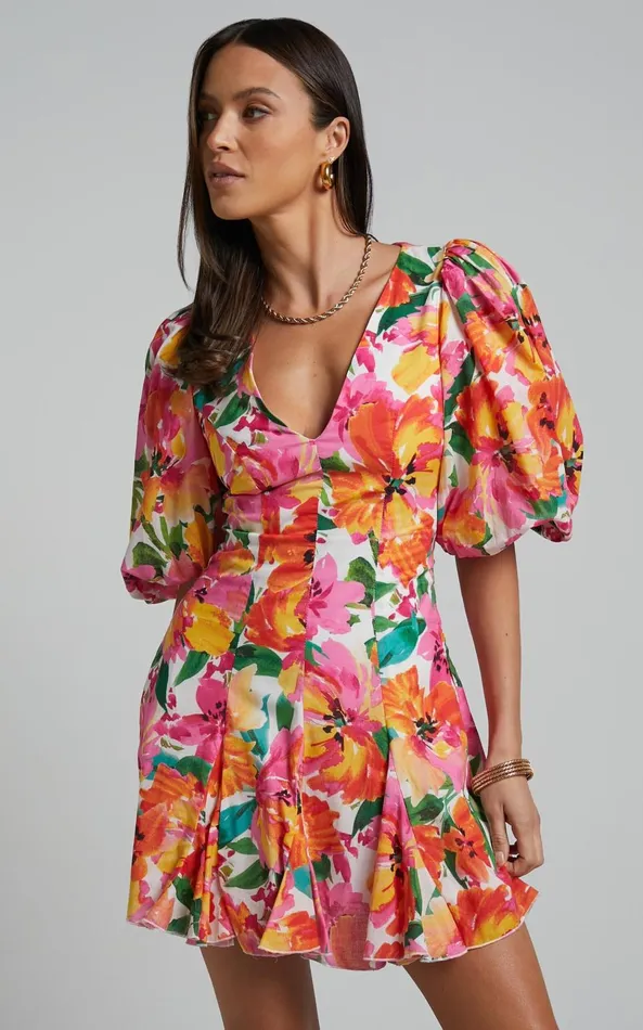 Showpo Shairah Mini Dress 8211 V Neck Puff Sleeve Flutter Hem Dress In In Bloom Women Dresses