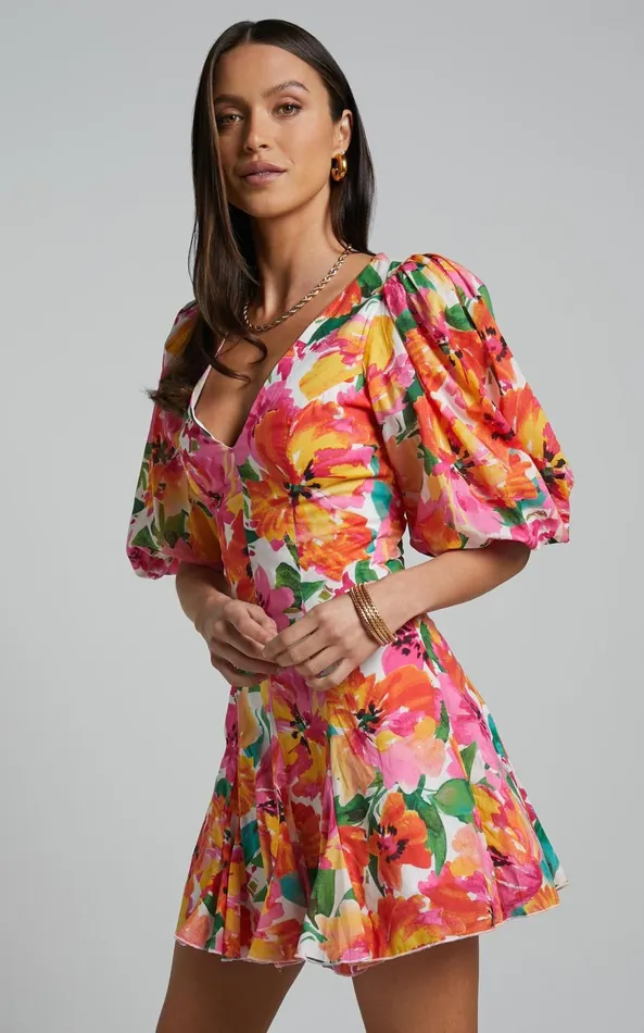 Showpo Shairah Mini Dress 8211 V Neck Puff Sleeve Flutter Hem Dress In In Bloom Women Dresses