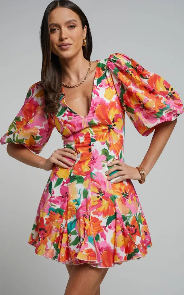 Showpo Shairah Mini Dress 8211 V Neck Puff Sleeve Flutter Hem Dress In In Bloom Women Dresses