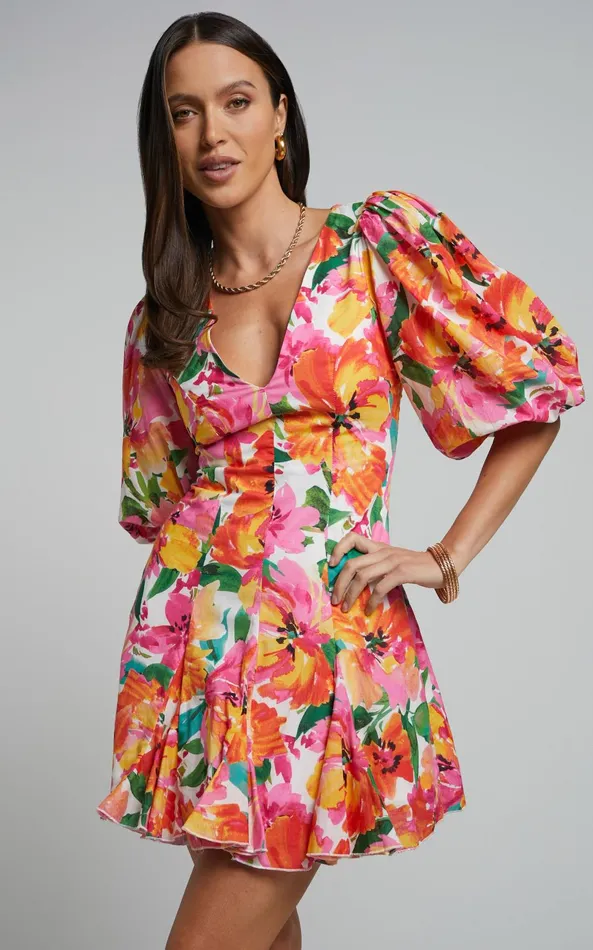Showpo Shairah Mini Dress 8211 V Neck Puff Sleeve Flutter Hem Dress In In Bloom Women Dresses