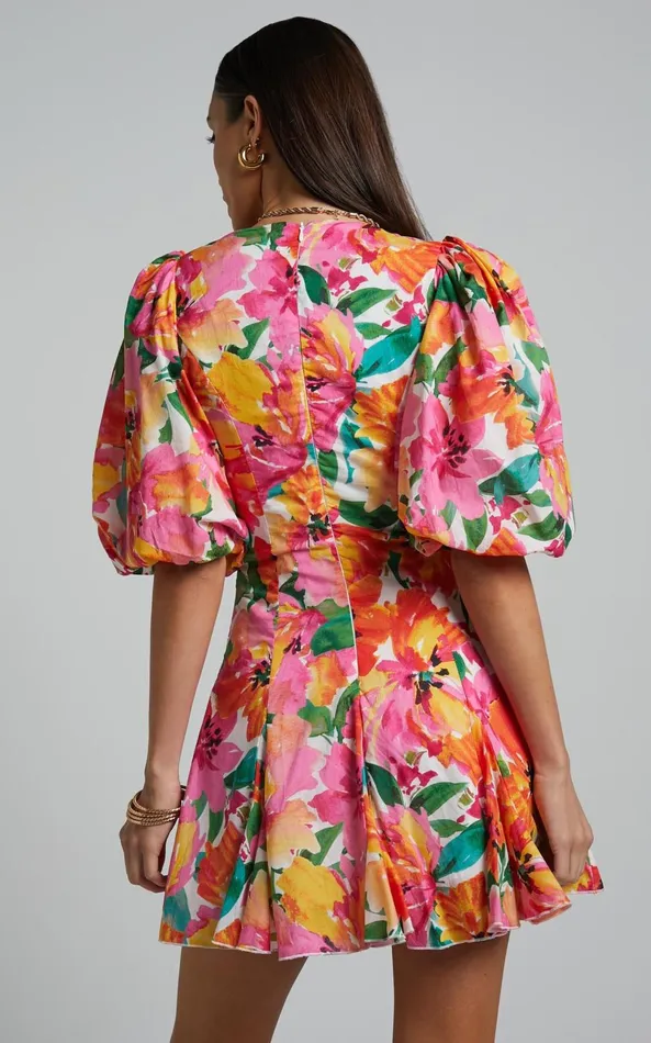 Showpo Shairah Mini Dress 8211 V Neck Puff Sleeve Flutter Hem Dress In In Bloom Women Dresses