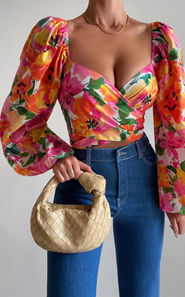Showpo Shairah Top 8211 Long Sleeve Tie Back Wrap Crop Top In In Bloom Women Curve Clothes Showpo Shairah Top 8211 Long Sleeve Tie Back Wrap Crop Top In In Bloom Women Curve Clothes