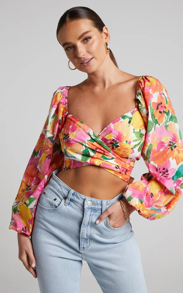 Showpo Shairah Top 8211 Long Sleeve Tie Back Wrap Crop Top In In Bloom Women Curve Clothes