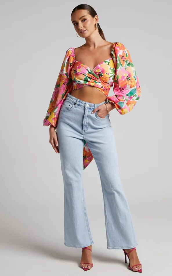 Showpo Shairah Top 8211 Long Sleeve Tie Back Wrap Crop Top In In Bloom Women Curve Clothes