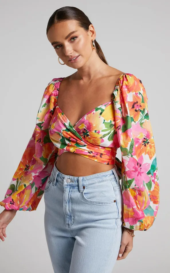 Showpo Shairah Top 8211 Long Sleeve Tie Back Wrap Crop Top In In Bloom Women Curve Clothes