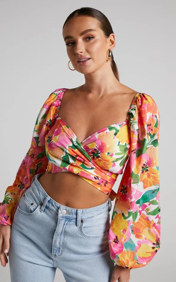 Showpo Shairah Top 8211 Long Sleeve Tie Back Wrap Crop Top In In Bloom Women Curve Clothes