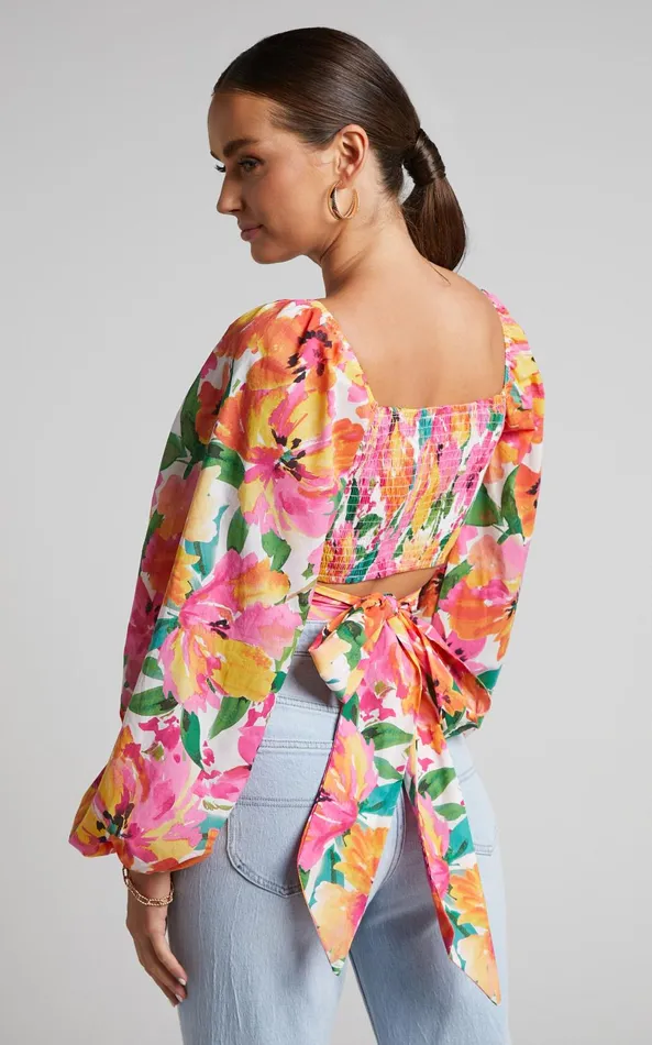 Showpo Shairah Top 8211 Long Sleeve Tie Back Wrap Crop Top In In Bloom Women Curve Clothes