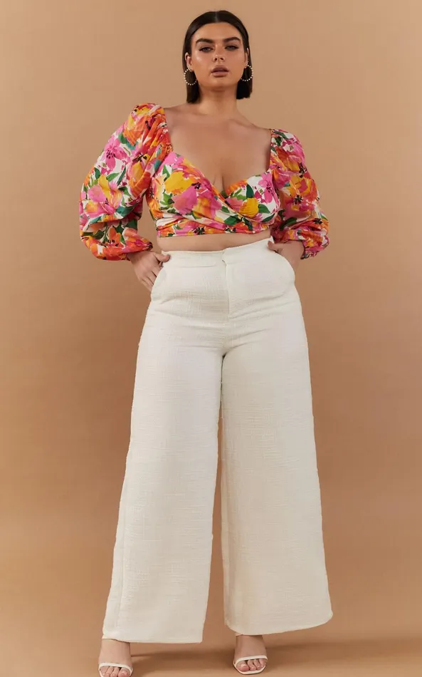 Showpo Shairah Top 8211 Long Sleeve Tie Back Wrap Crop Top In In Bloom Women Curve Clothes