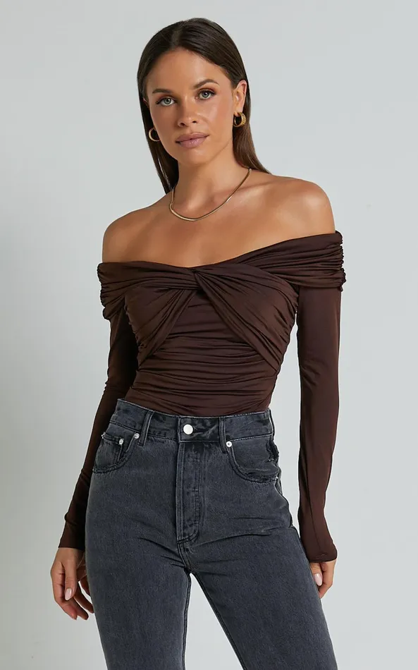 Showpo Shamaira Bodysuit 8211 Twist Front Off Shoulder Long Sleeve In Brown Women Curve Clothes Showpo Shamaira Bodysuit 8211 Twist Front Off Shoulder Long Sleeve In Brown Women Curve Clothes