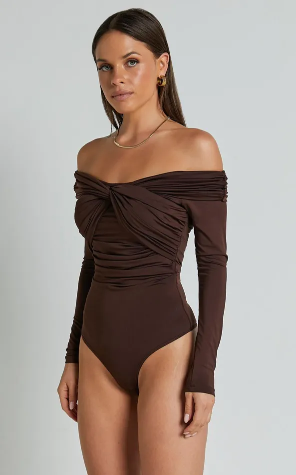 Showpo Shamaira Bodysuit 8211 Twist Front Off Shoulder Long Sleeve In Brown Women Curve Clothes