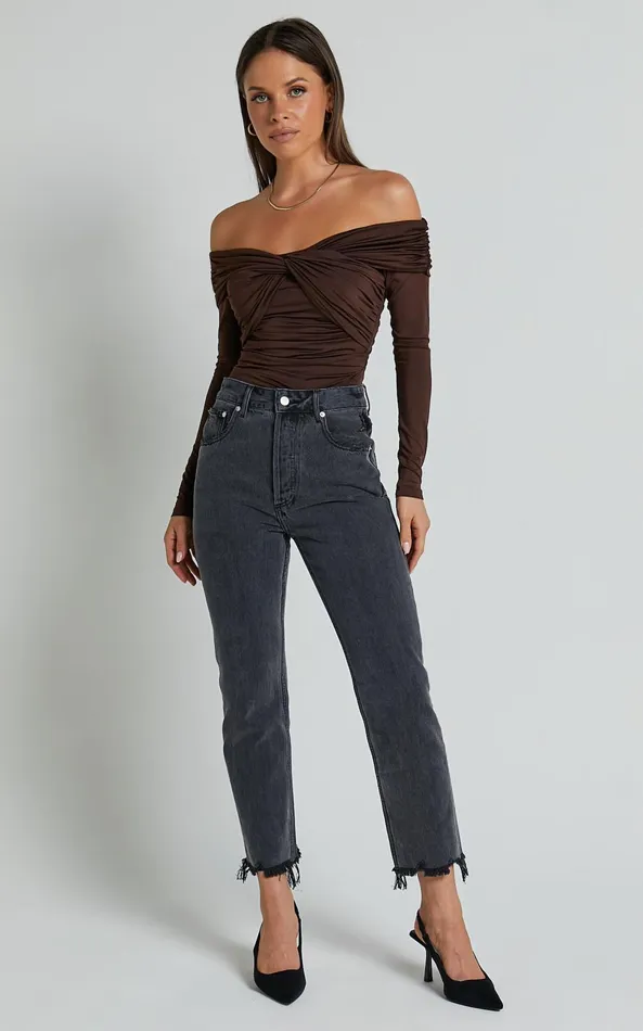 Showpo Shamaira Bodysuit 8211 Twist Front Off Shoulder Long Sleeve In Brown Women Curve Clothes