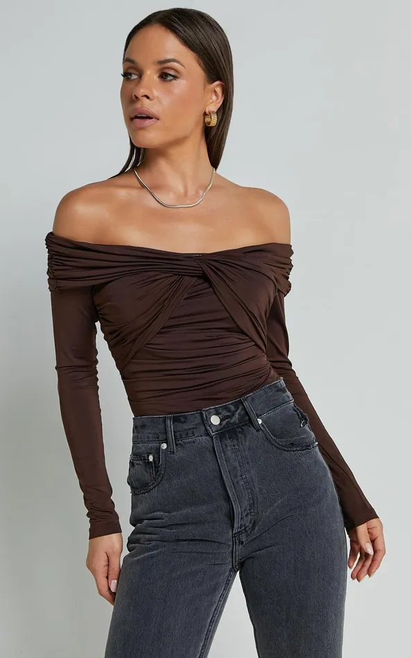 Showpo Shamaira Bodysuit 8211 Twist Front Off Shoulder Long Sleeve In Brown Women Curve Clothes