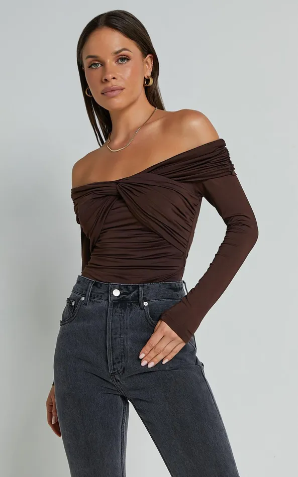 Showpo Shamaira Bodysuit 8211 Twist Front Off Shoulder Long Sleeve In Brown Women Curve Clothes